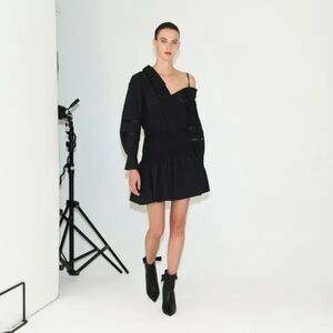Self-Portrait black cotton poplin off one shoulder slouch long sleeve mini dress